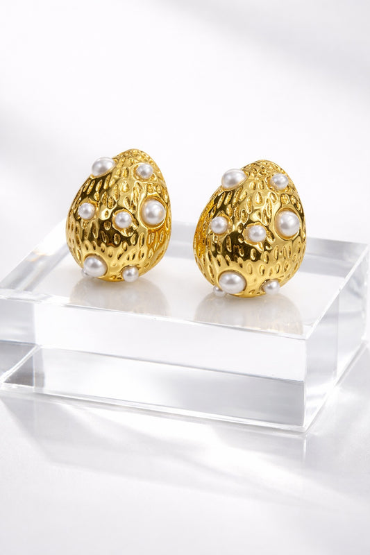 Gilded Perla Egg Studs – Textured Gold & Pearl Statement Earrings