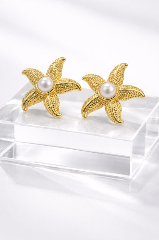 Gold Starfish Earrings - Pearl Center Sea Creature Studs - Beach Jewelry