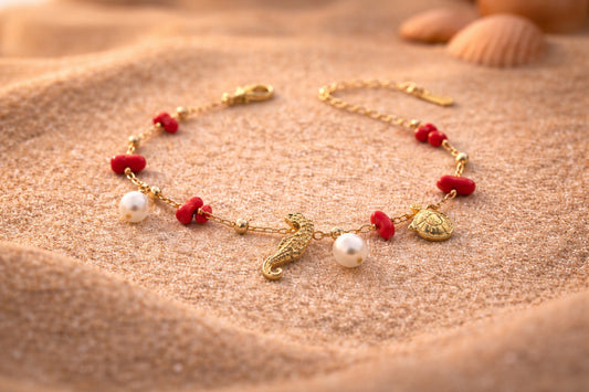 Oceania Luxe: Red Coral and Freshwater Pearl Charm Bracelet