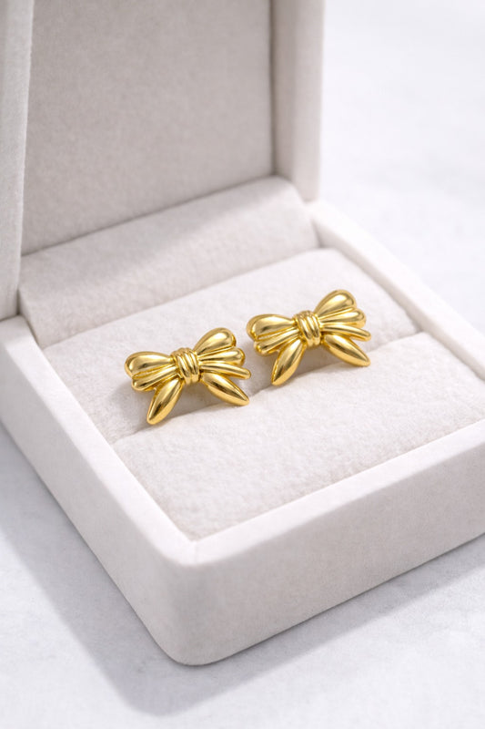 Adeline Puffy Ribbon Bow Studs – 3D Sculpted Gold Earrings