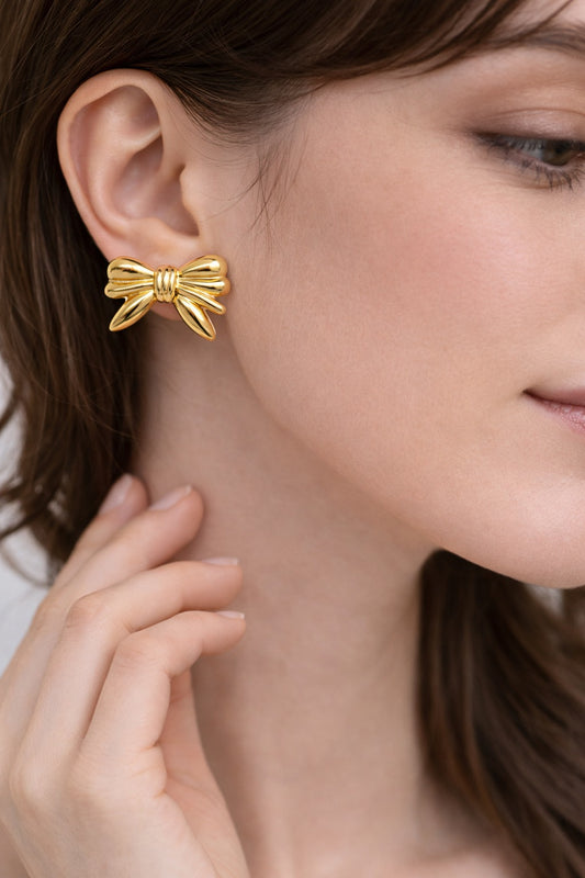 Adeline Puffy Ribbon Bow Studs – 3D Sculpted Gold Earrings
