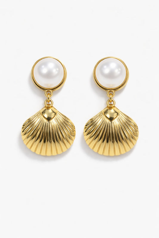 Gold Seashell Pearl Earrings - Scallop Shell Dangle Drops - Nautical Jewelry