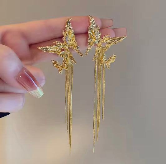 Gold Butterfly Tassel Earrings