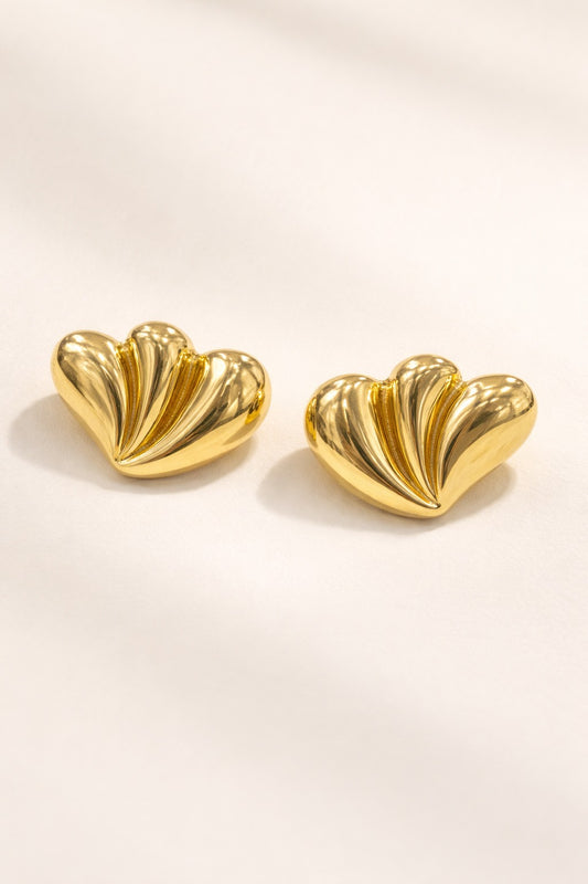 Gold Heart Stud Earrings - Textured Ribbed Heart Dainty Statement Jewelry