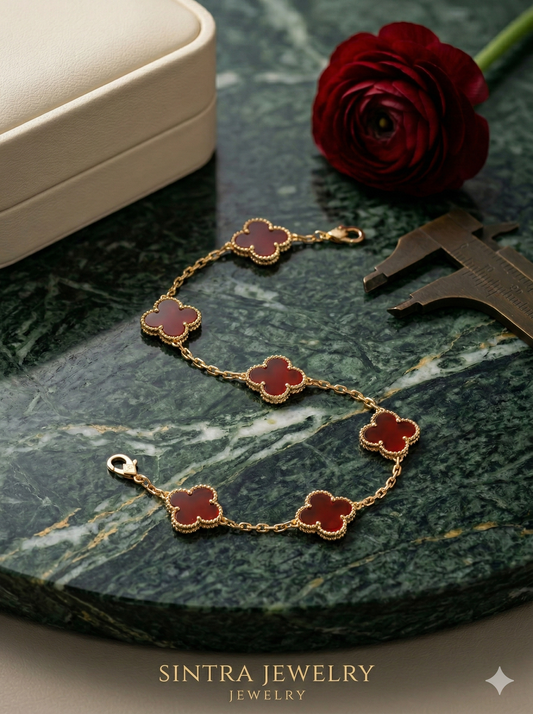 Luxury Clover Gold Bracelet with Red Stone Elegant Floral Chain Bracelet for Women