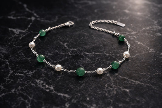 Serene Garden: Silver-Tone Beaded Anklet with Green Accents