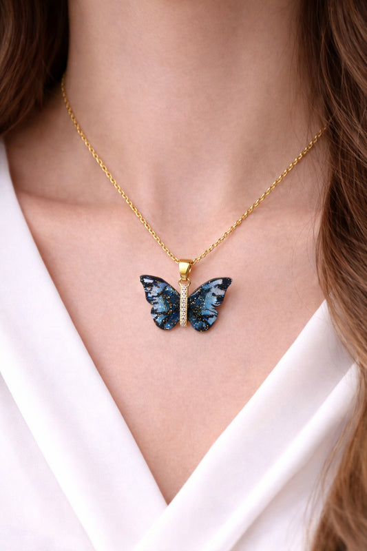 Midnight Galaxy Butterfly Pendant in Gold