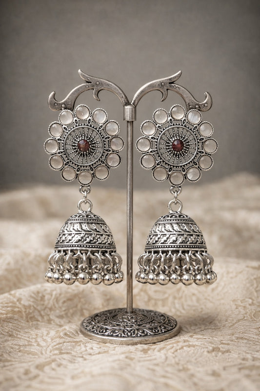 Vintage Sunburst Oxidized Jhumkas with Amber Tone Accents
