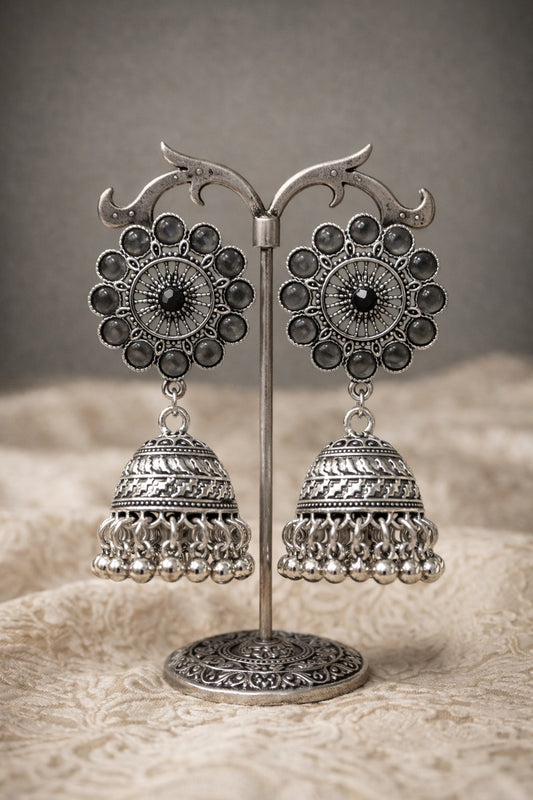 Vintage Sunburst Oxidized Jhumkas with Amber Tone Accents