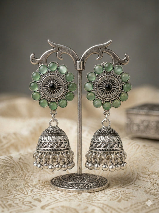 Vintage Sunburst Oxidized Jhumkas with Amber Tone Accents