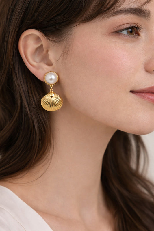 Gold Seashell Pearl Earrings - Scallop Shell Dangle Drops - Nautical Jewelry