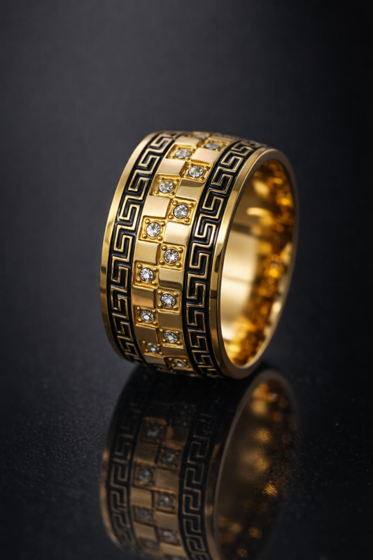 Luxury Gold Greek Pattern Ring for Men Crystal Inlay Statement Band  Sintra Jewelry