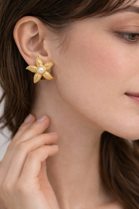 Gold Starfish Earrings - Pearl Center Sea Creature Studs - Beach Jewelry