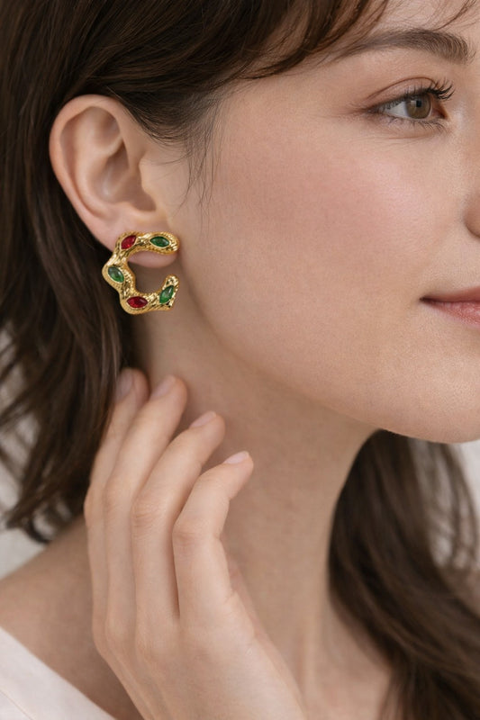 Vintage Style Gold Textured Earrings - Red & Green Crystal C-Hoops
