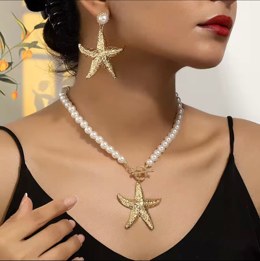 Starfish Pearl Necklace And Earring Set