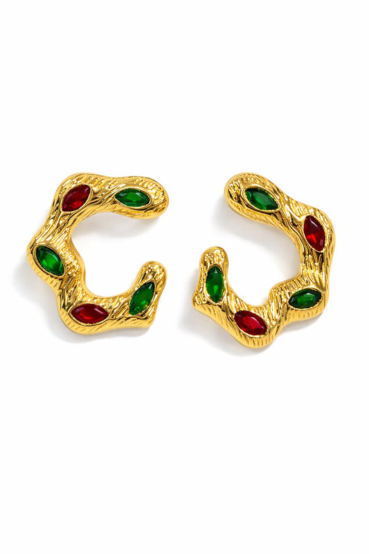 Vintage Style Gold Textured Earrings - Red & Green Crystal C-Hoops