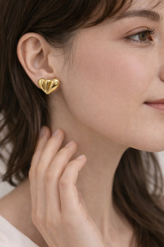 Gold Heart Stud Earrings - Textured Ribbed Heart Dainty Statement Jewelry