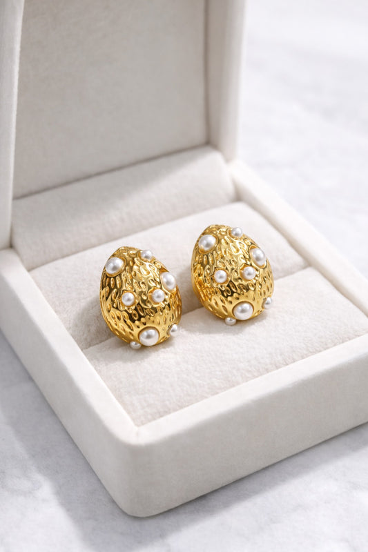 Gilded Perla Egg Studs – Textured Gold & Pearl Statement Earrings
