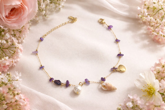The Whimsical: "Mermaid’s Treasure: Amethyst and Seashell Gold Anklet"