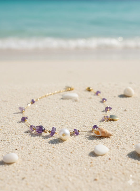 The Whimsical: "Mermaid’s Treasure: Amethyst and Seashell Gold Anklet"