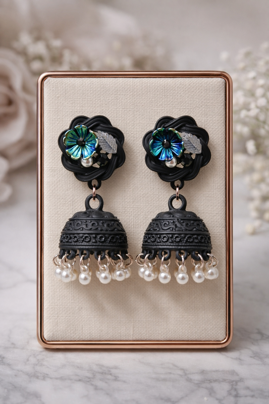 Oxidized Floral Jhumka Earrings with Pearls