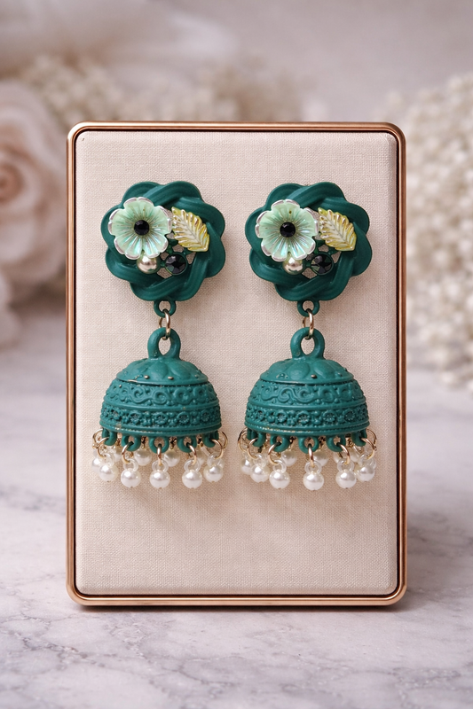 Oxidized Floral Jhumka Earrings with Pearls