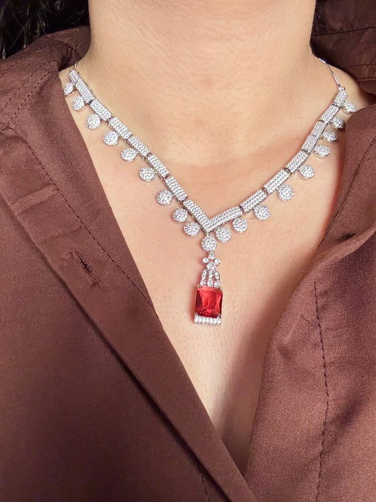 Elegant Ruby Red Pendant Diamond Necklace