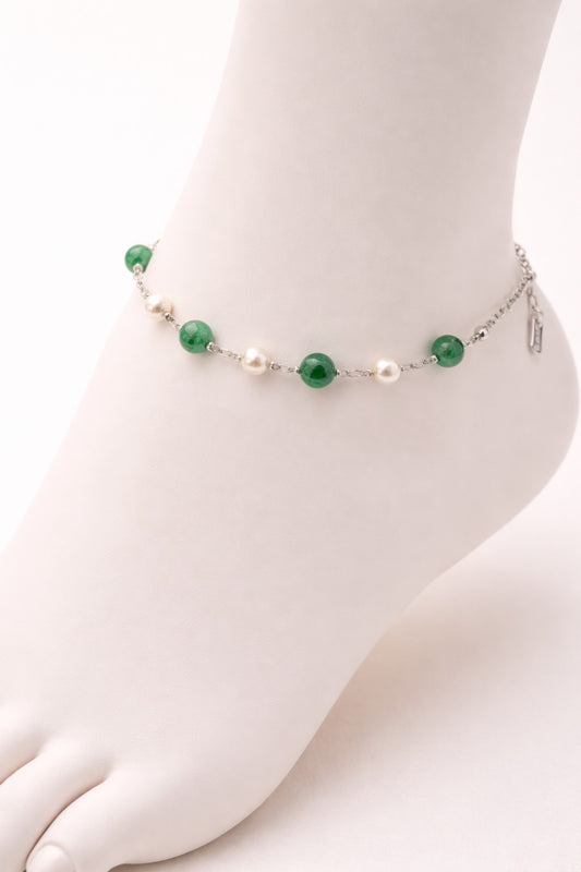 Serene Garden: Silver-Tone Beaded Anklet with Green Accents