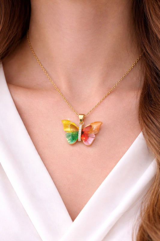 Kaleidoscope Butterfly Necklace  Vibrant Multi Color Crystal Pendant