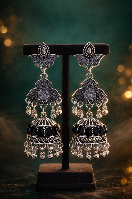 Starlight Filigree Jhumkis – Oxidized Silver Statement Earrings