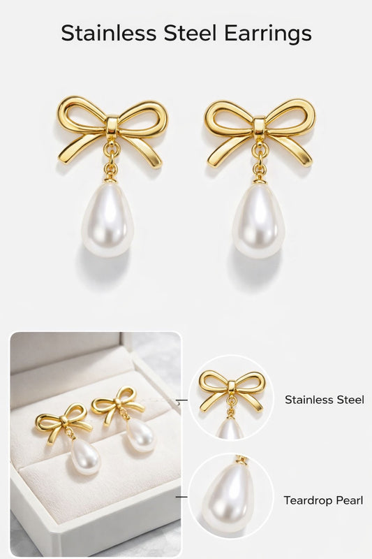Gold Bow Pearl Earrings - Teardrop Pearl Dangle Earrings - Stainless Steel