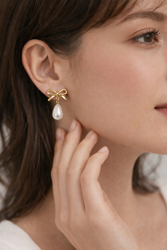 Gold Bow Pearl Earrings - Teardrop Pearl Dangle Earrings - Stainless Steel